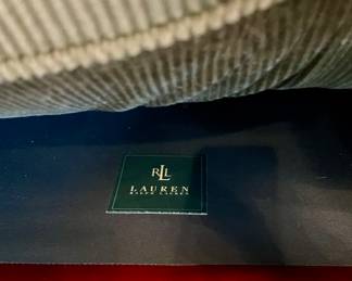 Stylish Ralph Lauren Green Corduroy and leather sofa with pillows, very good condition.