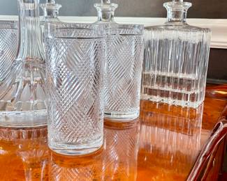 Ralph Lauren Plaid and Houndstooth crystal highball and lowball glasses; beautiful decanters
