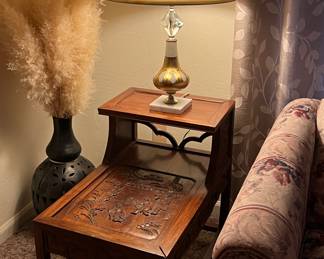 Rosewood Hand Carved 2-Tier End Table pair, Vintage Leviton Lamps Gold Hollywood Recency Atomic