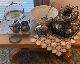 Vtg Library Coffee Table, Assorted Silverplate