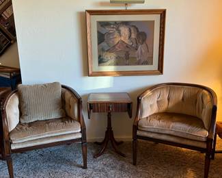 Vintage Barrel Chairs, Drop-Leaf End Table, Art