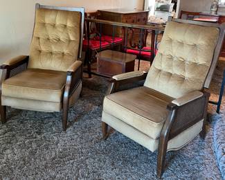 1970's Burris Caned Vintage Reclining Chairs, End Table