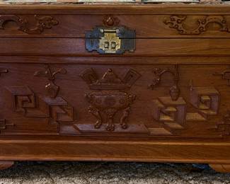 The pictures DO NOT d o this piece justice! Gorgeous Vintage Hand Carved Cedar Chest (carved on all sides and top)