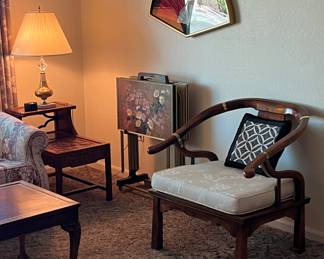 Vintage Large TV Trays w Stand, 2-Tier Rosewood End Tables pair, Vintage Table Lamps, Vintage Horseshoe Rosewood Chair, Framed Fan