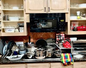 Lots of pots and pans with most being All-Clad.