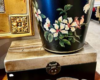 Tole painted wastebasket.