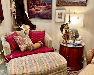 Large Chair and a half.  drum table.