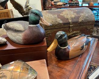 DUCK DECOYS SIGNED.  AP SUTCH MALLARD ON RIGHT.  ZOLARI ON LEFT.