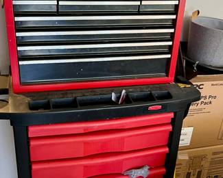 Husky tool chest and Rubbermaid chest. 