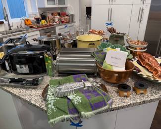 Brabantia Roll Top Steel Bread Box, Crock Pot Slow Cooker (Model SCCPVL710B), Antica Fornace Large Pasta Bowl, Bordallo Pinheiro Cabbage Bowl
Bordallo Pinheiro Scalloped Serving Bowl, RPM Studios Blown Glass Plate Stand, Copper Mixing Bowl

