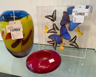 Signed Leon Applebaum Vase, Signed Framed Taxidermy Butterflies
