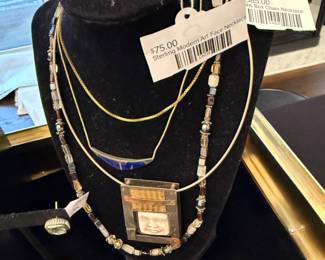 Sterling Modern Art Face Necklace, Sterling and Lapis Necklace, 14K Box Chain Necklace