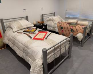 Metal Twin Bed Frame, Mattress, Cashmere twin blankets, Folding Bamboo Basket, Ostrich Egg
