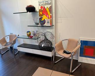 Zermatt Style Sling Chair (A), Zermatt Style Sling Chair (B), Woven Rattan Sculpture, Signed Leon Applebaum Vase, Signed Framed Taxidermy Butterflies, Salviati Murano Glass Bowl, Kari Lonning Style Basket
