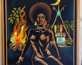 Oil on Velvet and with lighted resin insets.   Earings, fire, palms and tent light up.  PRICELESS