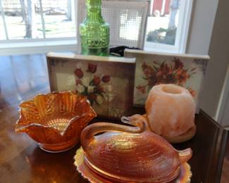 Marigold Carnival Glass Swan on Nest Lidded Bowl sold