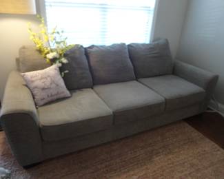 Couch is a gray tone and looks to be in good shape (No brand noted)