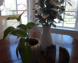 Green Agate Book Ends/ Dusty Miller Floral Vase