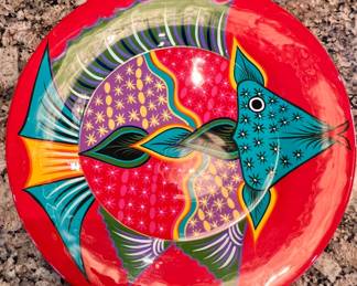 Large hand painted fish pottery plate