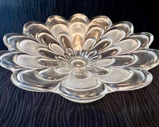 Vintage Bohemian Glass Art Deco Frosted & Clear Pedestal Scalloped Bowl
