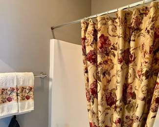 Floral bath set with shower curtain, hand towels and soap dispenser