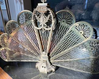 Antique brass peacock fireplace screen