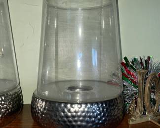 Pair of hammered metal & glass votives 