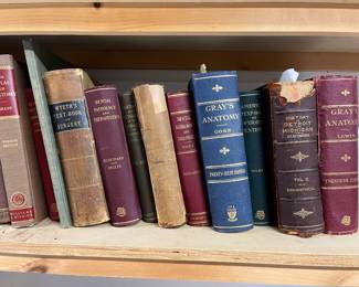 Vintage books, including many on dentistry and an 1889 “History of Detroit and Michigan”.
