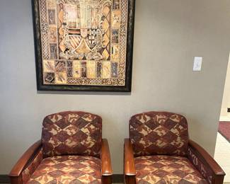 Eight matching armchairs or occasional chairs by Nemschoff, designed by Lawrence Peabody; three matching side/accent tables by Nemschoff; print by Bombay Co.
