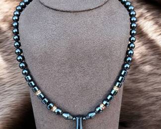 Mens Hematite Tooth Necklace With Bronze Beads