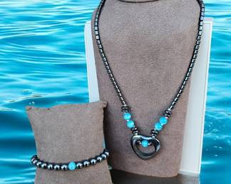 Hematite Open Heart Necklace Bracelet With Blue Stones  Tested