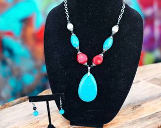 Turquoise Coral Necklace  Earrings  Tested 