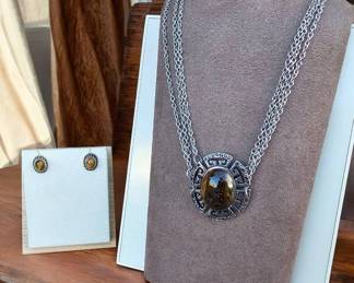 Three Strand Tigers Eye Necklace Earrings  Tested