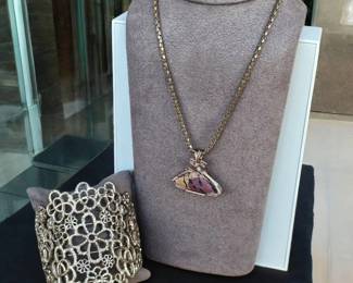 Rhodochrosite Necklace Tested  Gold Colored Open Mesh Bangle Bracelet 