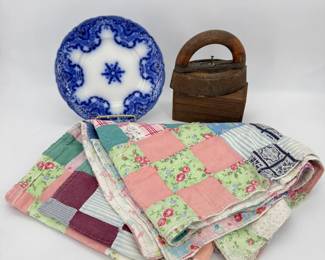 Lot - 51
Antique & Vintage Trio - Baby Quilt, Sad Iron, New Wharf Pottery
