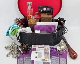 Lot - 25
Filled Glam Travel Case - Y2K Liz Claiborne Belt, Lancome, Estee Lauder & More