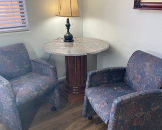 Pair of rolling Modern Club Chairs                                       Pedestal table 