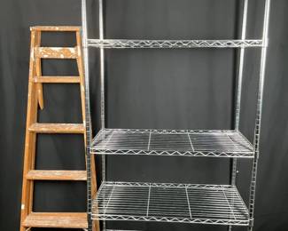 Wood Ladder and Metal Shelf Set 