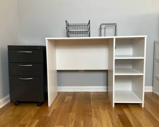Compact White Desk with Shelving and Black Filing Cabinet 