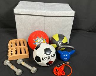 Sports and Fitness Equipment Lot with Storage Bin 