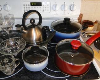 A very nice tea kettle, and some wonderful, in great shape pots and pans too