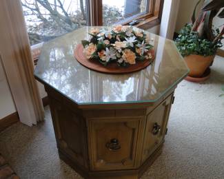 Hexagon table with plenty of storage on the inside