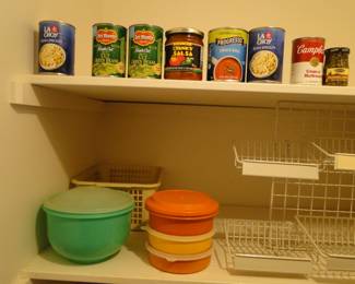 Can goods, and Tupperware, storage basket, and wire storage racks