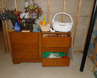 Very nice solid cherry dresser, with loads of faux florals and crafting items too