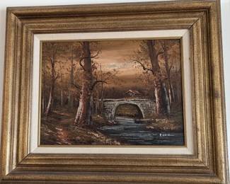 Original signed oil painting, stone bridge over river