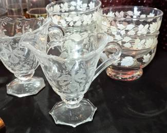 Heisey etched footed cream and sugar, and Anchor Hocking White Gooseberry dessert bowls