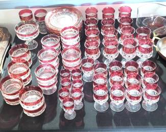 Tiffin Franciscan Kings Crown Ruby Flashed Glasses and PLates