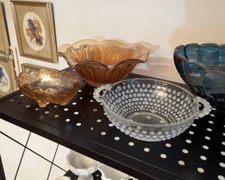 Carnival glass and moonstone bowl