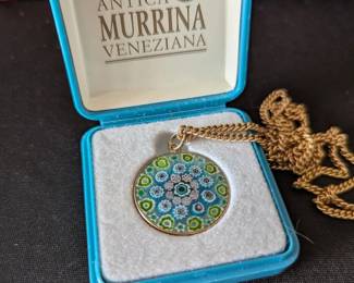 Murano glass millefiori floral pendant on chain