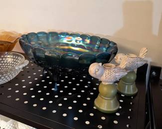 Carnival glass bowl and bird candleholders